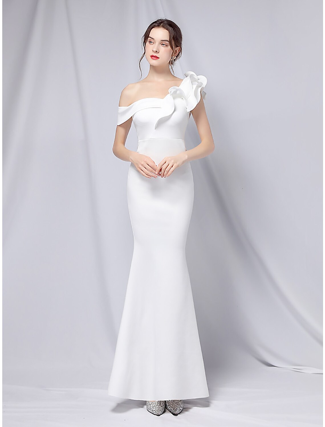Vestido de fiesta de sirena, vestido de noche, vestido estilo imperio, para invitada de boda, formal, de noche, largo hasta el suelo, manga corta, un hombro, satén elástico con volantes