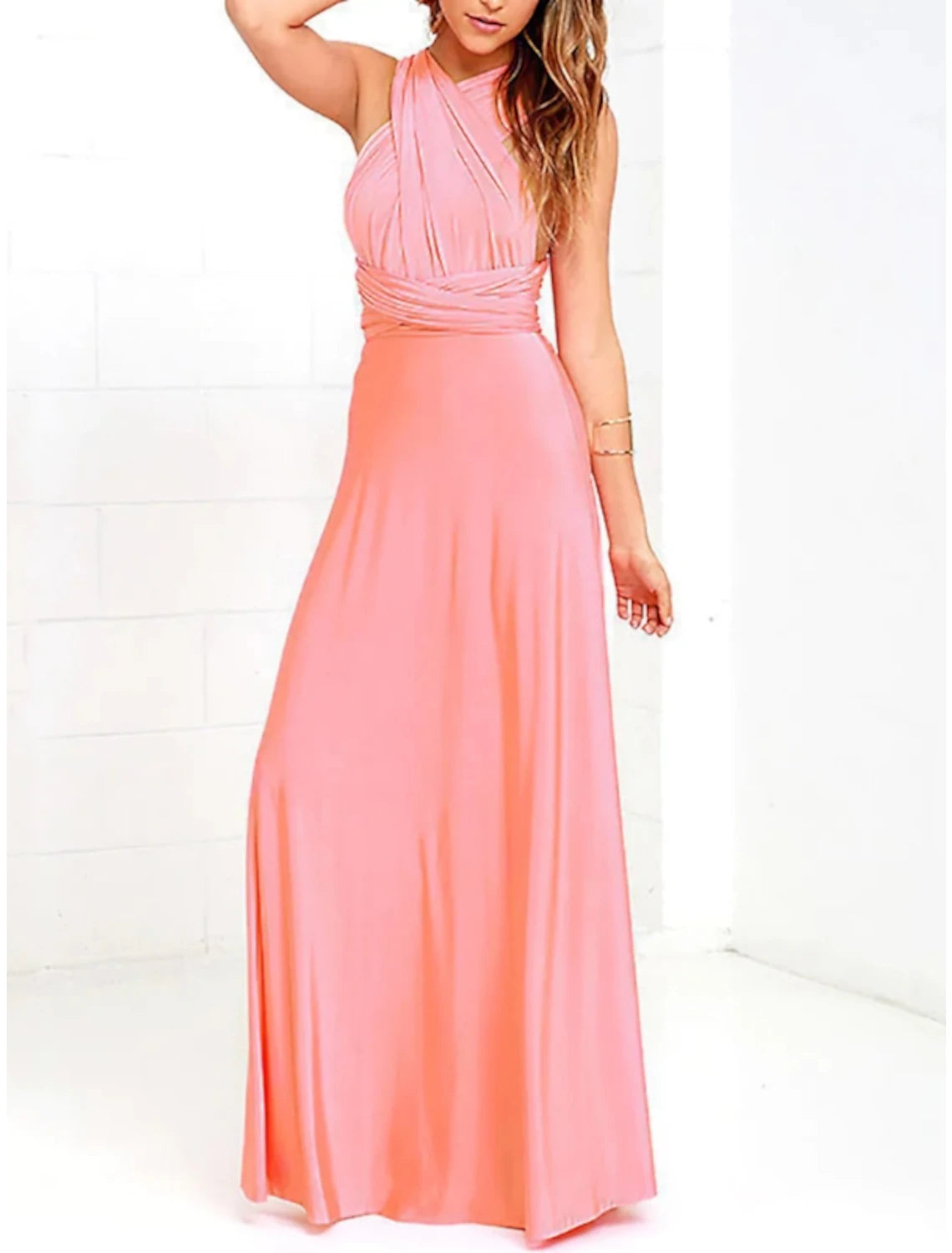 Vestido de dama de honor con corte tubo/columna, cuello halter, sin mangas, convertible, largo hasta el suelo, de licra, con pliegues, color liso