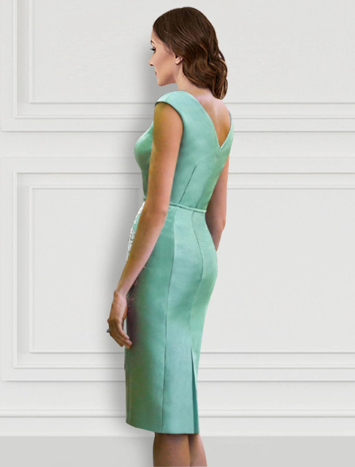 Vestido de cóctel de dos piezas, floral, formal, largo hasta la rodilla, manga larga, escote en V, cinturón/faja, satén con apliques.