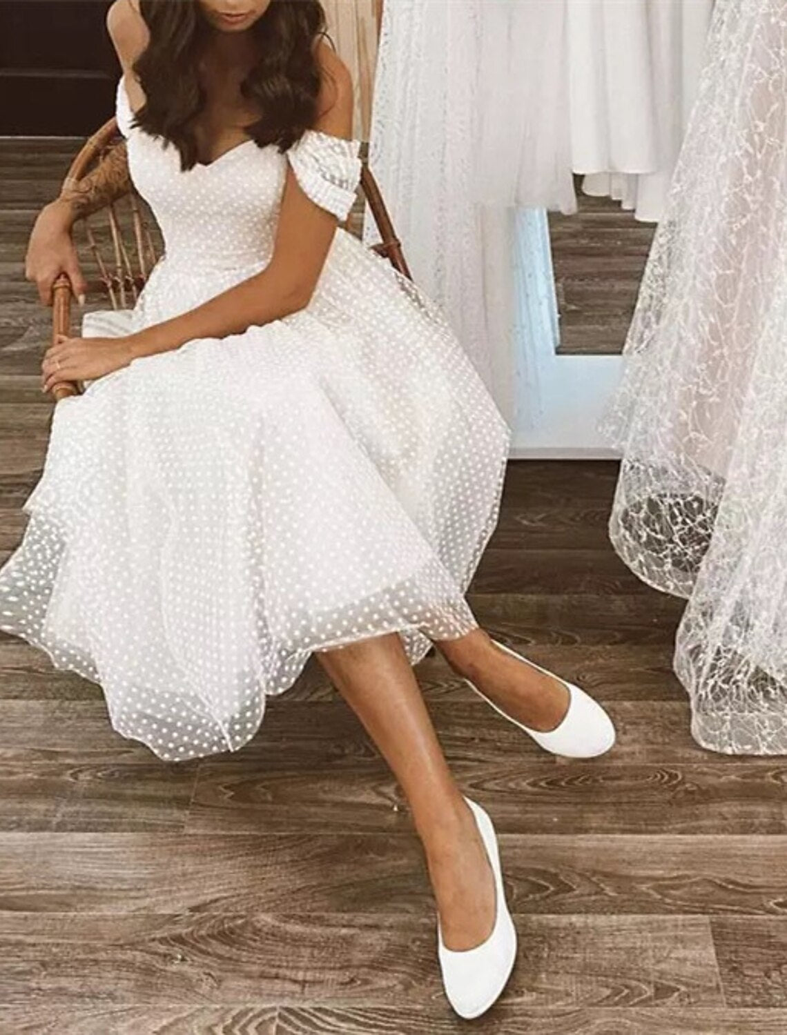 A-Line Party Dresses Sexy Dress Homecoming Graduation Tea Length Short Sleeve Off Shoulder Tulle with Polka Dot