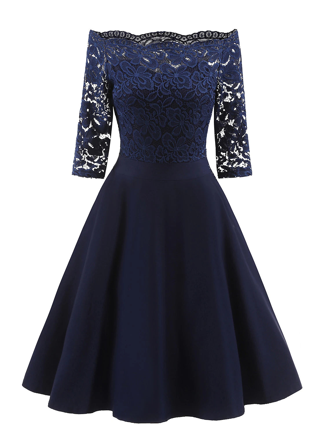 A-Line Cocktail Black Dress Vintage Dress Graduation Party Wear Knee Length 3/4 Length Sleeve Off Shoulder Lace with Lace Insert