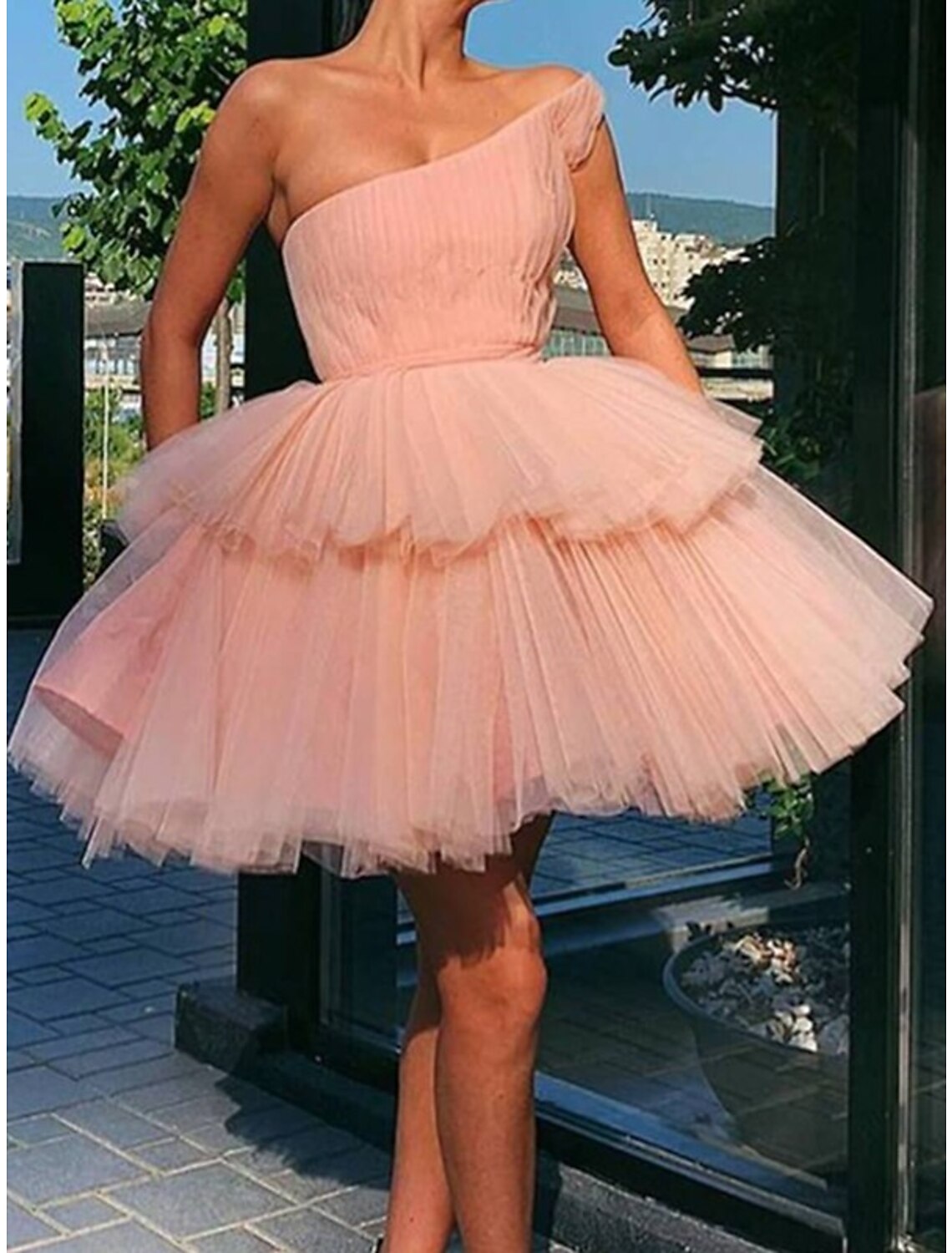 A-Line Homecoming Dresses Tiered Plisse Dress Graduation Cocktail Party Short / Mini Sleeveless One Shoulder Pink Dress Tulle with Ruffles