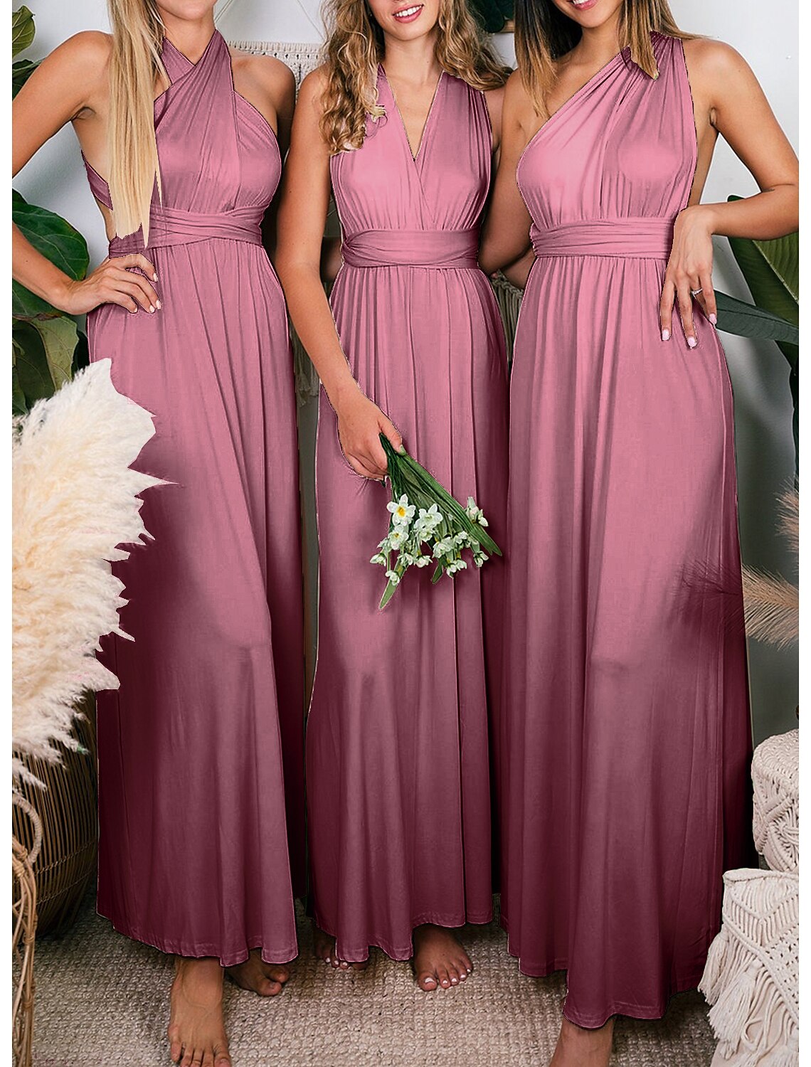 Vestido de dama de honor con corte tubo/columna, sin mangas, convertible, largo hasta el tobillo, de licra, con pliegues, color liso