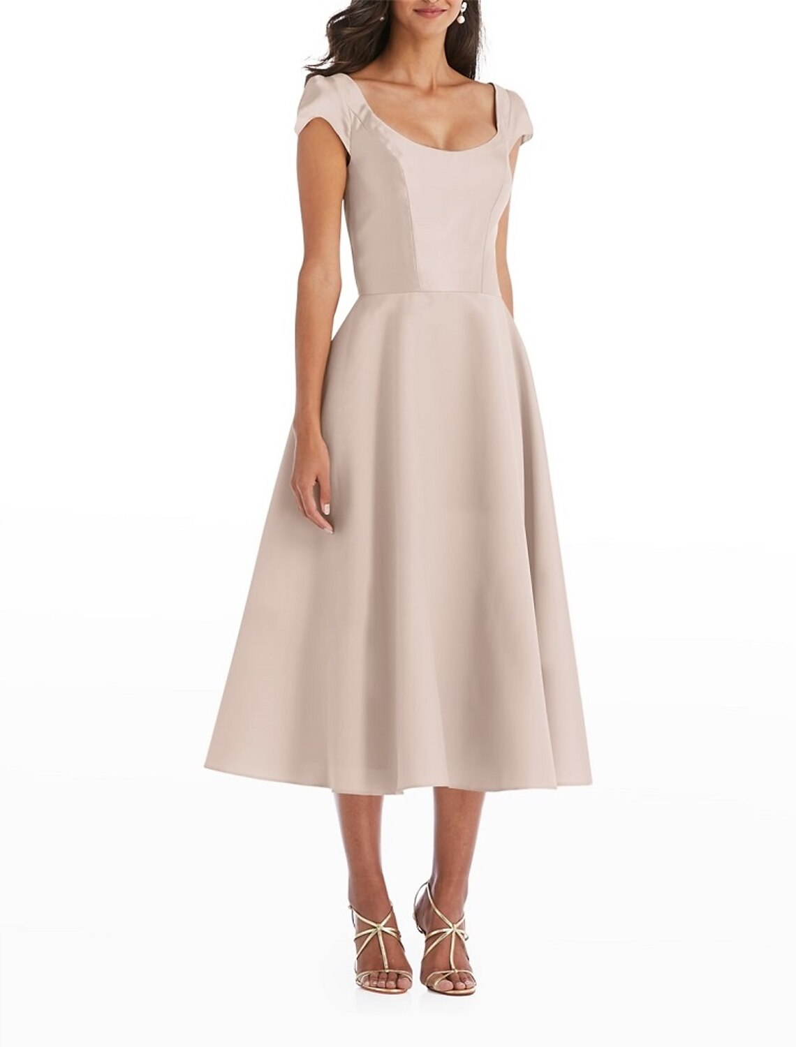 Vestidos de cóctel de corte A, vestido minimalista, para invitados de boda, de compromiso, largo hasta la rodilla, manga corta, escote redondo, satén italiano con drapeado.