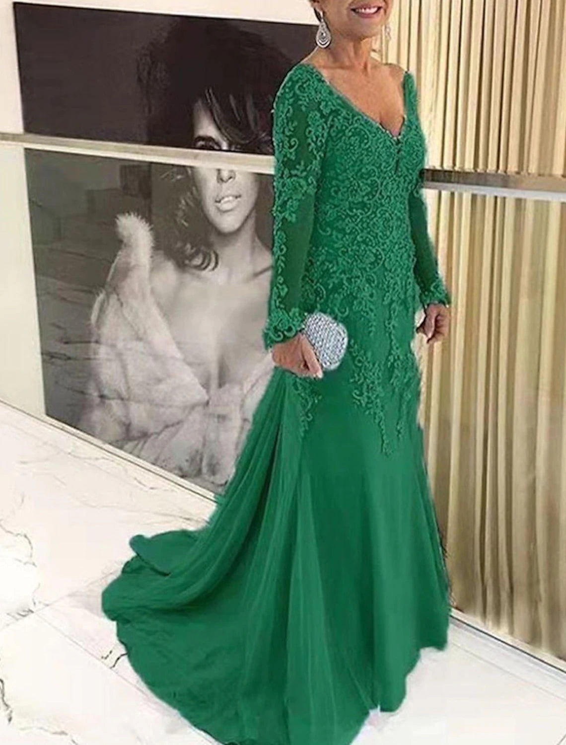 Vestidos de sirena/trompeta para madre de la novia, tallas grandes, para ocultar la curva del vientre, vestidos de invitada de boda de otoño, formales, con cola larga, escote en V, encaje con apliques