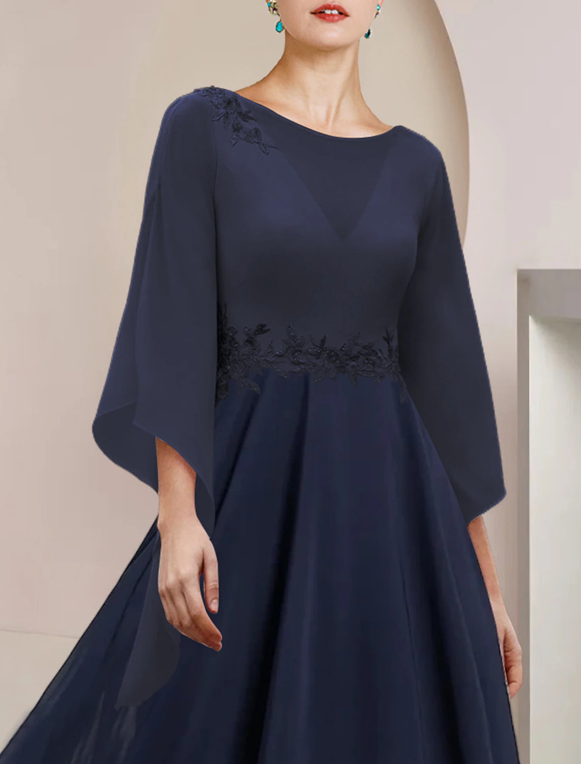 A-Line Mother of the Bride Dress Wedding Guest Elegant Party Scoop Neck Tea Length Chiffon Lace 3/4 Length Sleeve with Appliques