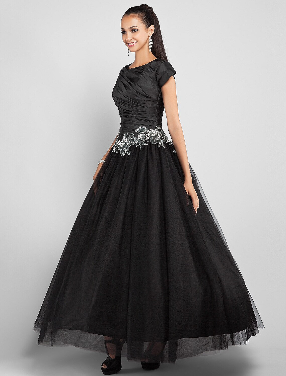 Vestido de fiesta negro corto, vestido de fiesta, formal, de noche, largo hasta los tobillos, manga corta, cuello joya, tafetán con apliques, drapeado lateral