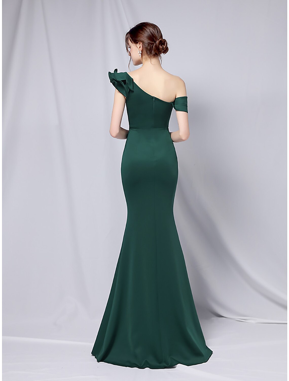Vestido de fiesta de sirena, vestido de noche, vestido estilo imperio, para invitada de boda, formal, de noche, largo hasta el suelo, manga corta, un hombro, satén elástico con volantes