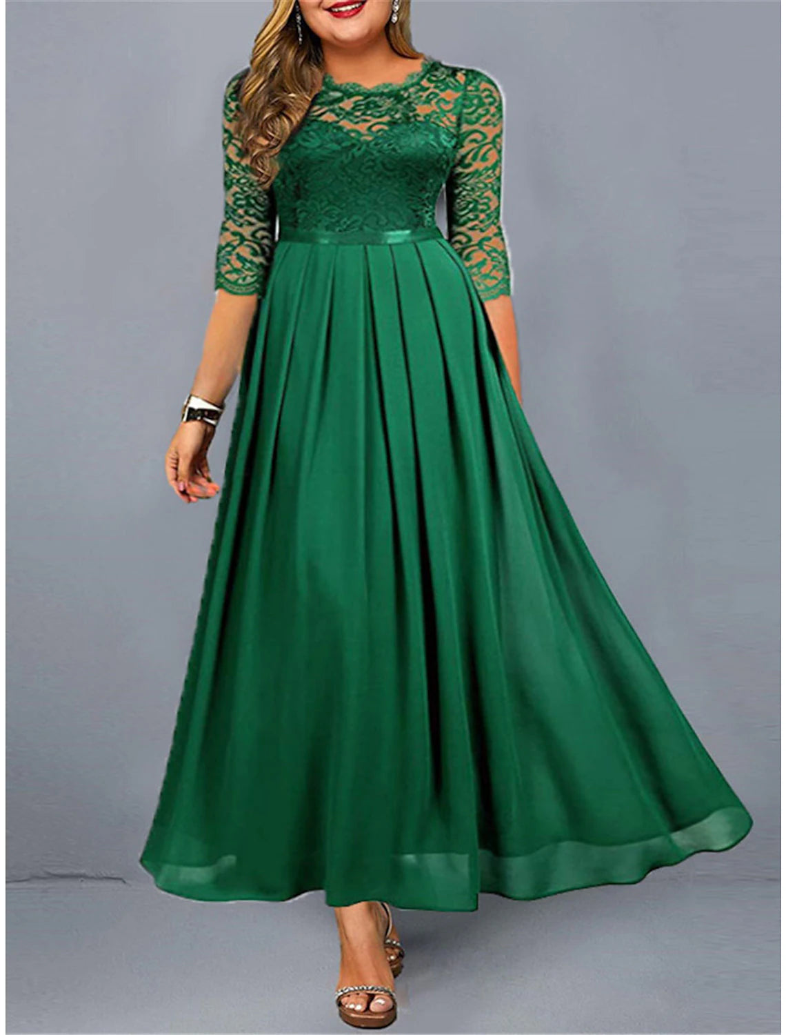 Women's Plus Size Green Chirstmas Dress Curve Party Dress Lace Dress Homecoming Dress Solid Color Long Dress Maxi Dress 3/4 Length Sleeve Lace Crew Neck Modern Party Black Wine Summer Spring