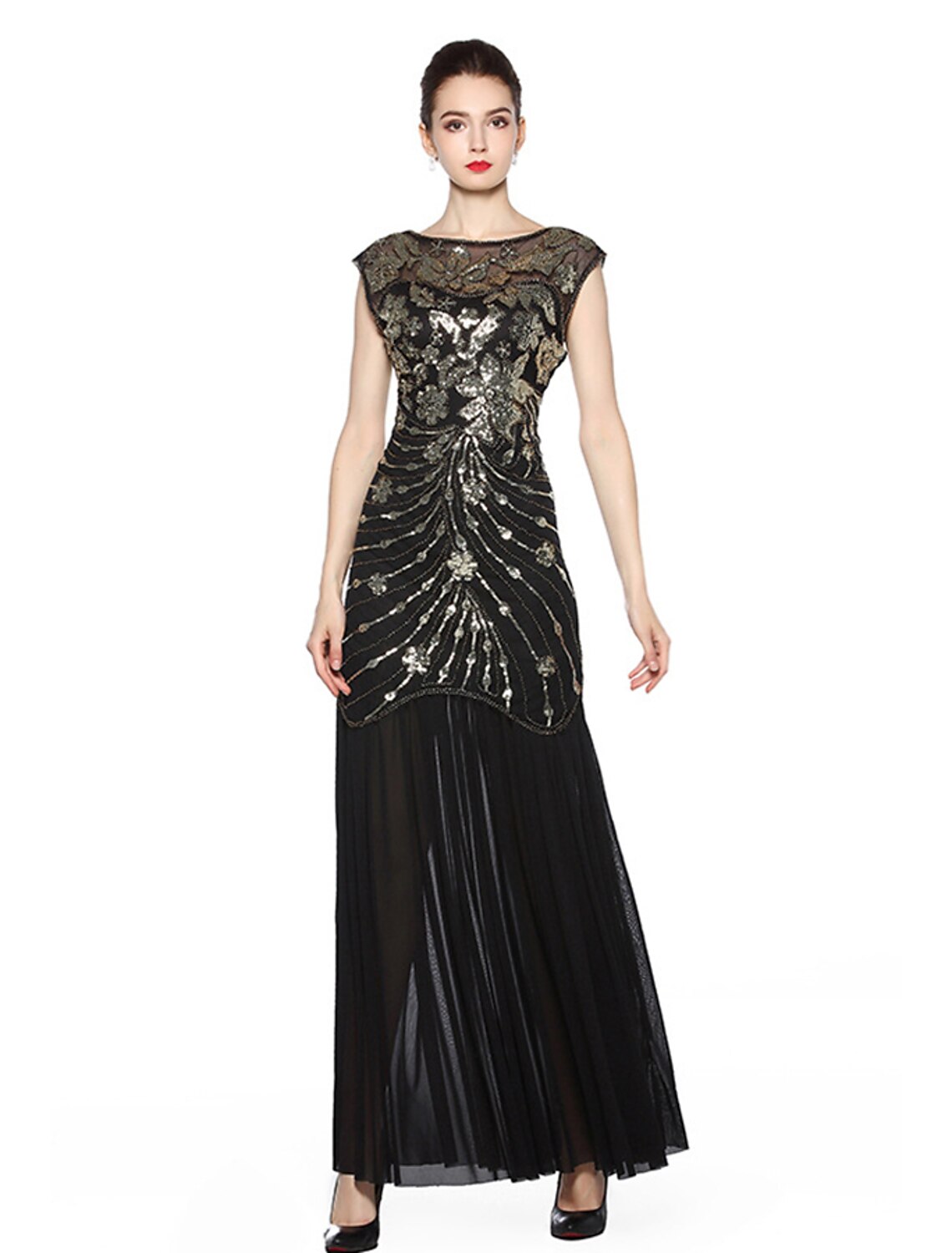 Vestido de noche estilo A, estilo vintage, para fiestas, largo hasta el suelo, sin mangas, cuello joya, licra, espalda en V con bordado de lentejuelas