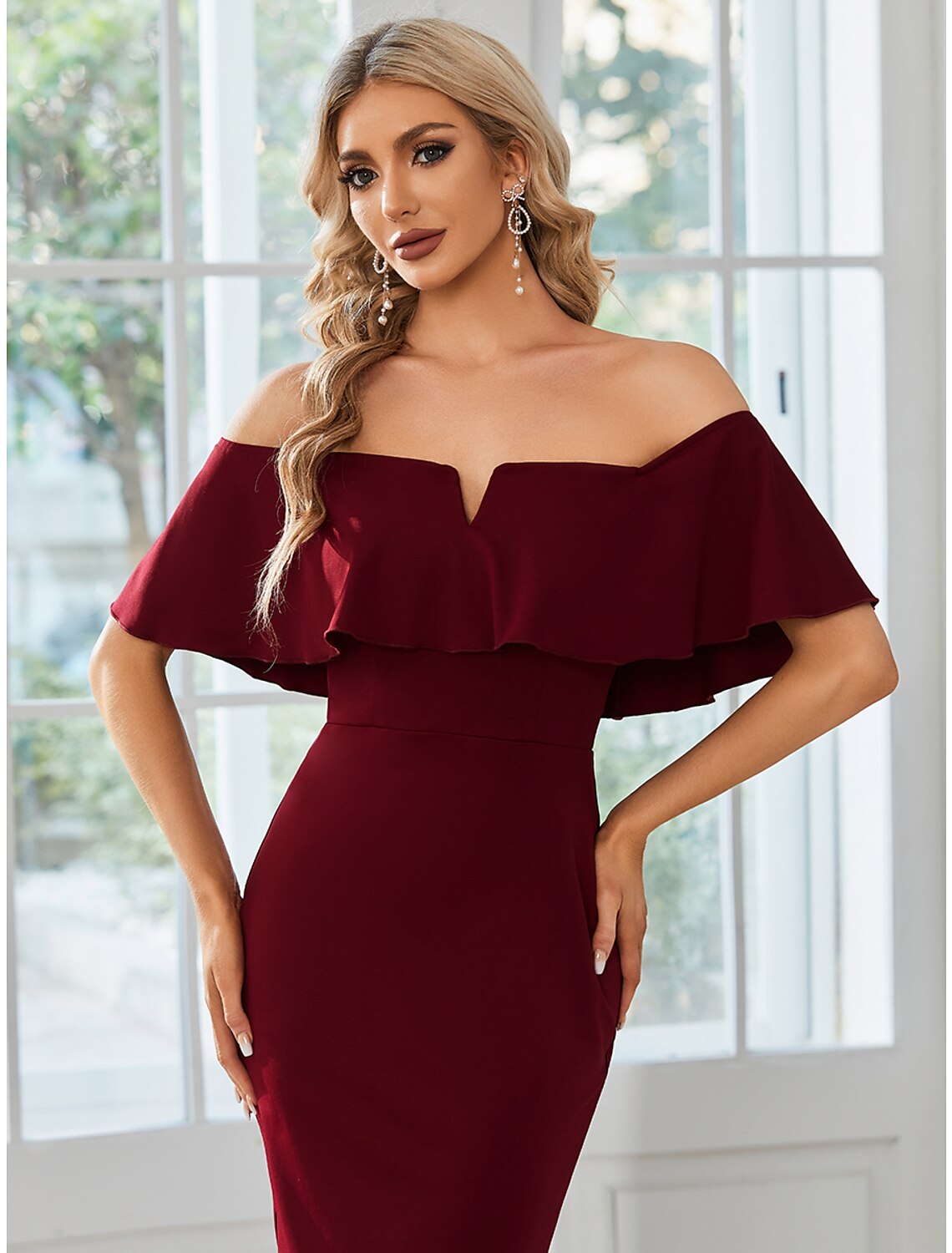 Sheath / Column Wedding Guest Dresses Minimalist Dress Party Wear Tea Length Short Sleeve Off Shoulder Stretch Fabric with Slit Pure Color