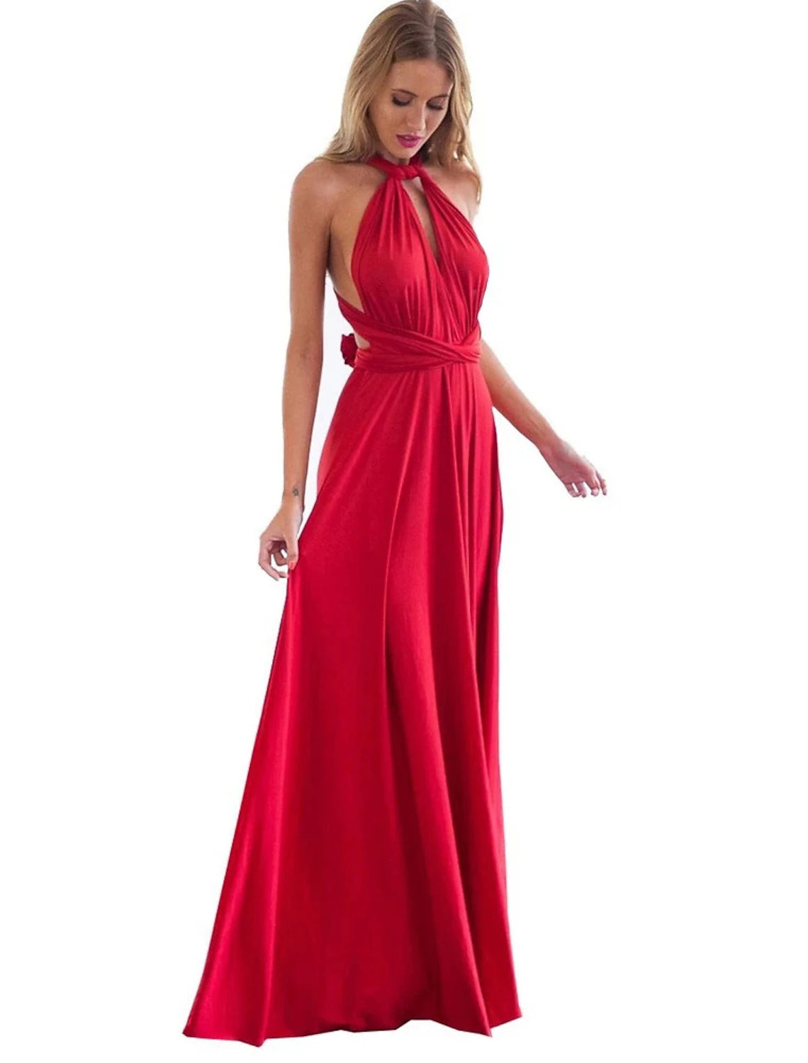 A-Line Convertible Holiday Prom Birthday Dress Halter Neck Backless Crisscross Back V Back Sleeveless Floor Length Stretch Satin with Sash / Ribbon Pleats