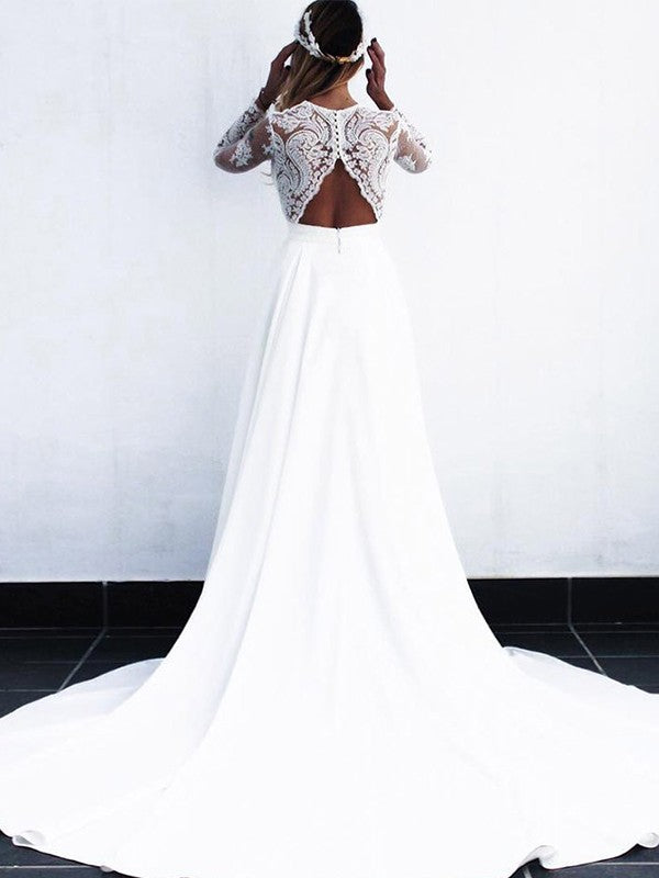 Vestidos de novia de corte A/princesa, con encaje de crepé elástico, escote en V, mangas largas y cola larga