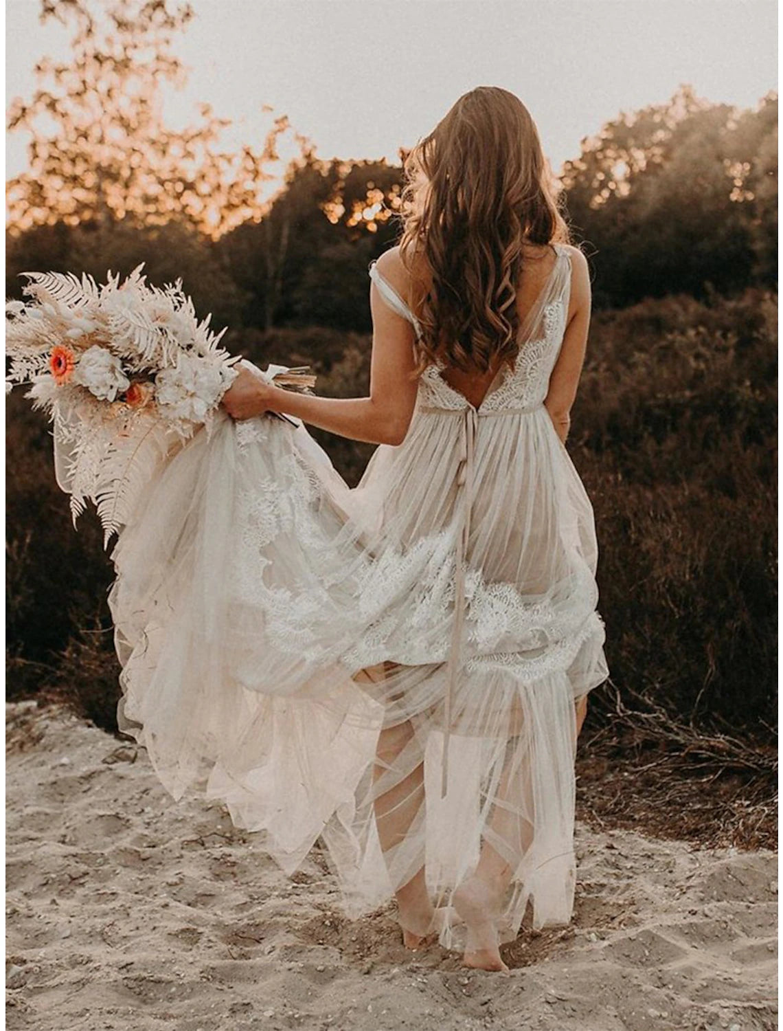 Vestidos de novia bohemios de playa, corte A, escote en V, sin mangas, cola de corte, vestidos de novia con encaje, ropa de mujer para fiesta de bodas de verano y otoño