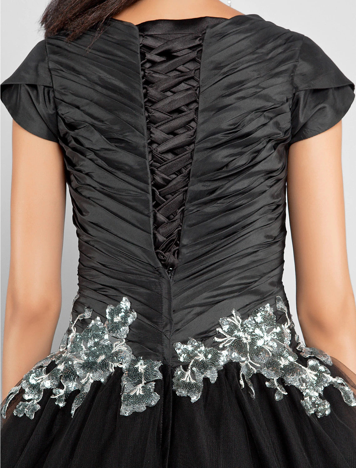 Vestido de fiesta negro corto, vestido de fiesta, formal, de noche, largo hasta los tobillos, manga corta, cuello joya, tafetán con apliques, drapeado lateral