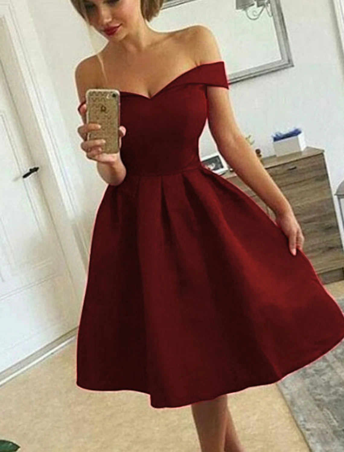 A-Line Vintage Sexy Homecoming Cocktail Party Dress Off Shoulder Sleeveless Knee Length Satin with Sleek