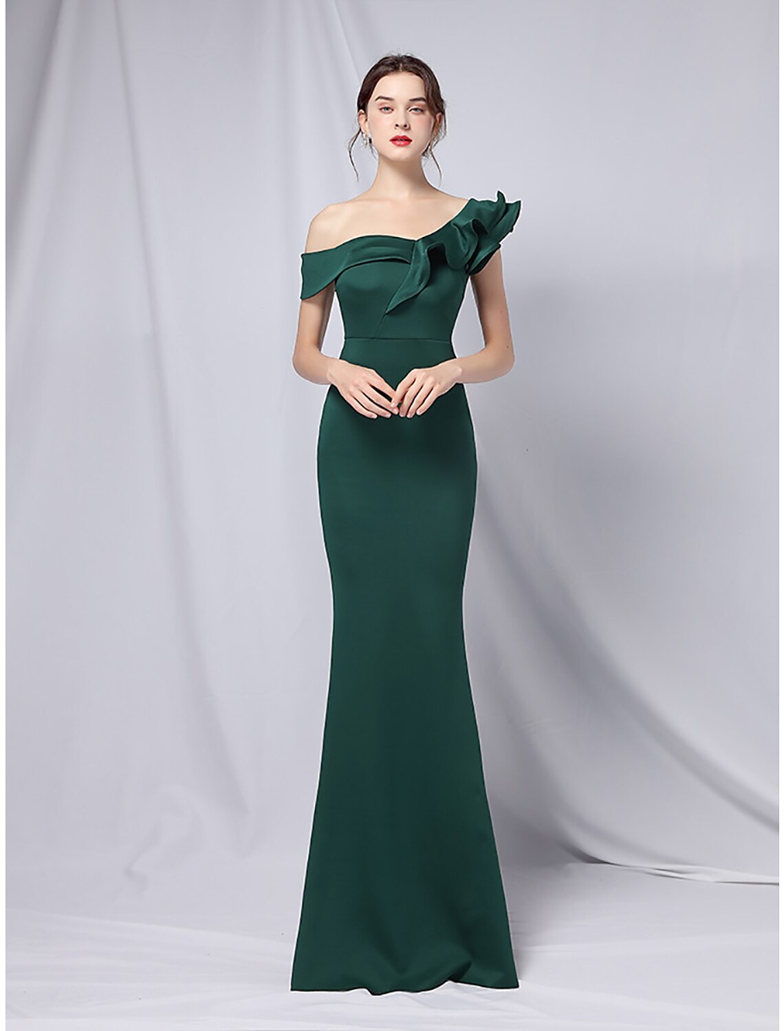Vestido de fiesta de sirena, vestido de noche, vestido estilo imperio, para invitada de boda, formal, de noche, largo hasta el suelo, manga corta, un hombro, satén elástico con volantes