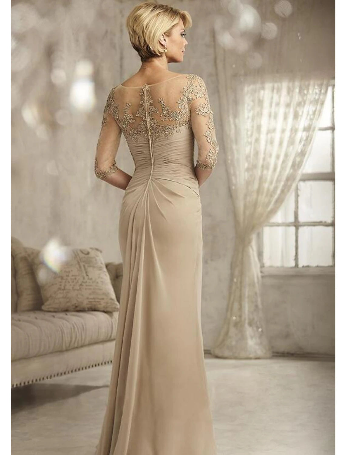 Vestido de noche elegante de sirena/trompeta, para compromiso, largo hasta el suelo, manga 3/4, escote en V, para invitada de boda de otoño, de gasa con pliegues y fruncido.