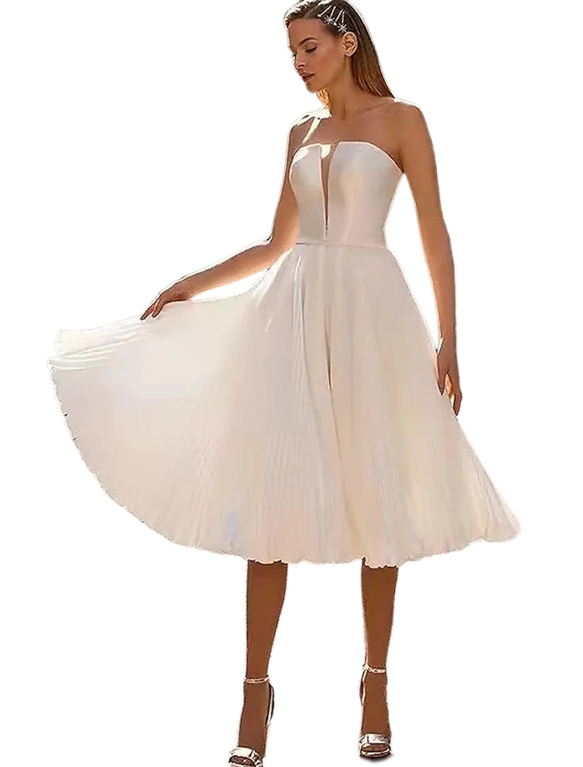 Vestidos de novia blancos de recepción, corte A, escote corazón, sin tirantes, largo hasta la rodilla, de satén, con faja/cinta, color liso.