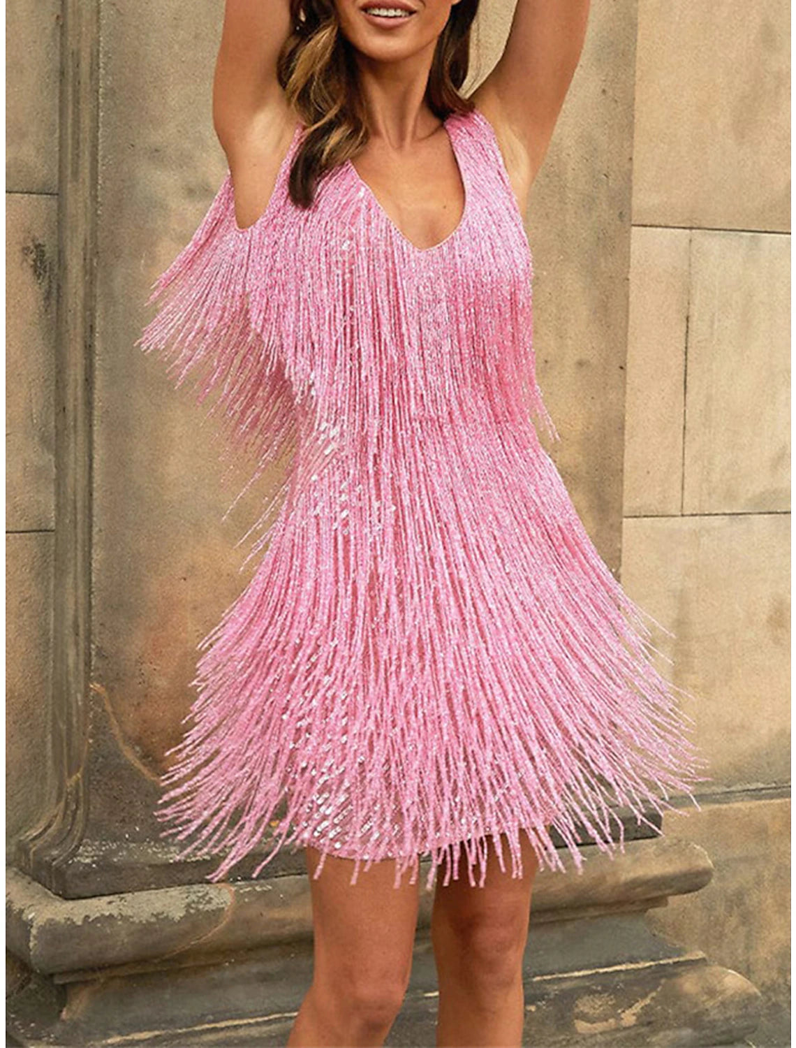 Women‘s Sequin Dress Fringe Dress Pink Sequin Dress Party Dress Sparkly Dress Black Dress Homecoming Mini Dress Silver Black White Sleeveless Sparkly Glitter Winter V Neck Fashion