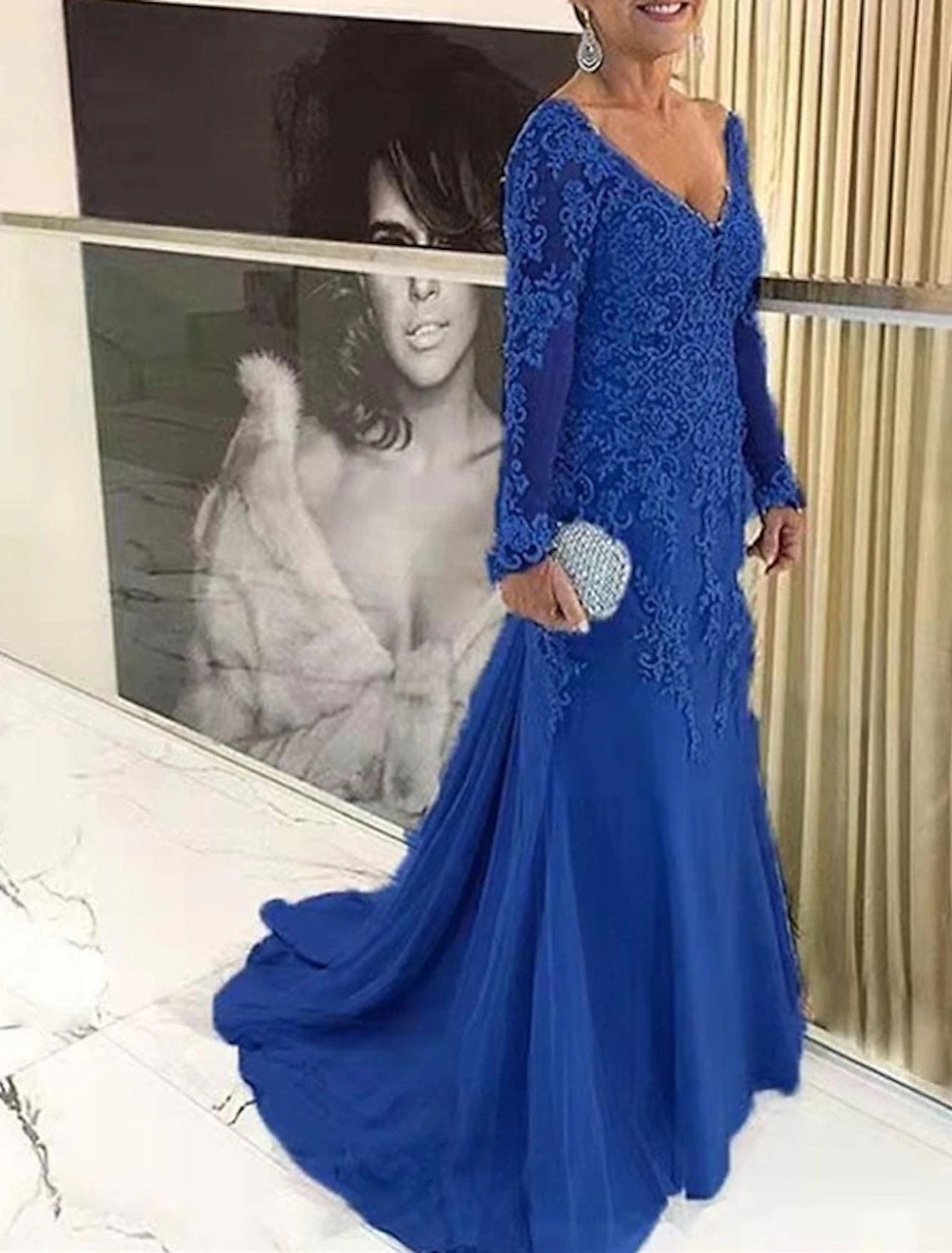 Vestidos de sirena/trompeta para madre de la novia, tallas grandes, para ocultar la curva del vientre, vestidos de invitada de boda de otoño, formales, con cola larga, escote en V, encaje con apliques