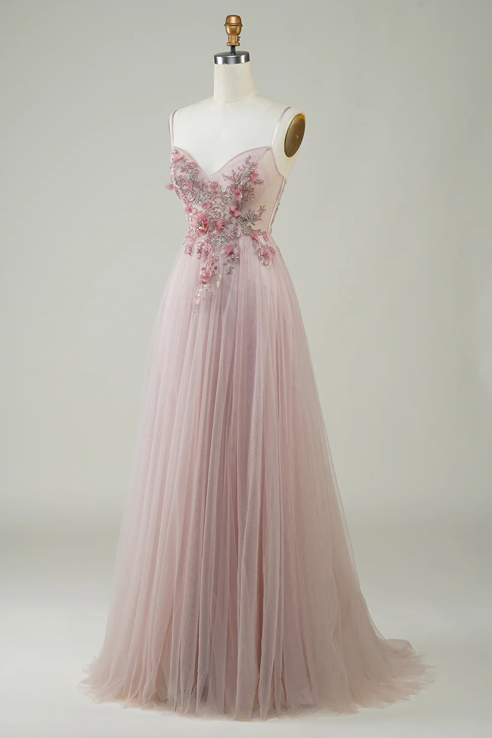 Amzcw Blush Corset A-Line Long Prom Dress with Flowers