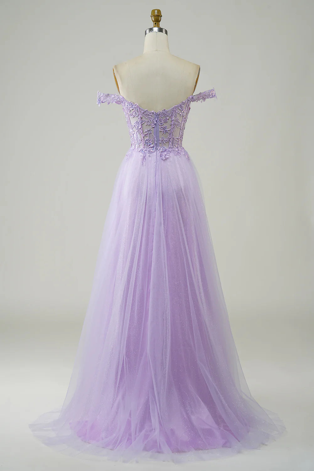 Amzcw Purple Corset A-Line Long Tulle Prom Dress with Lace