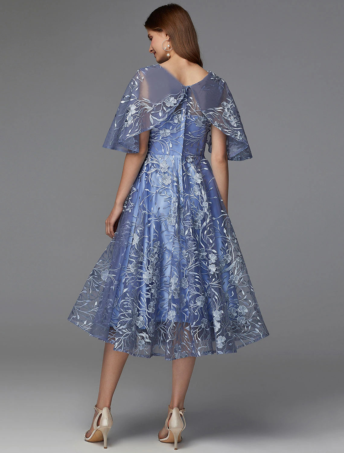 Vestido floral de corte A para invitada de boda, cóctel, largo hasta la rodilla, sin mangas, escote en V, encaje, espalda en V con apliques estampados