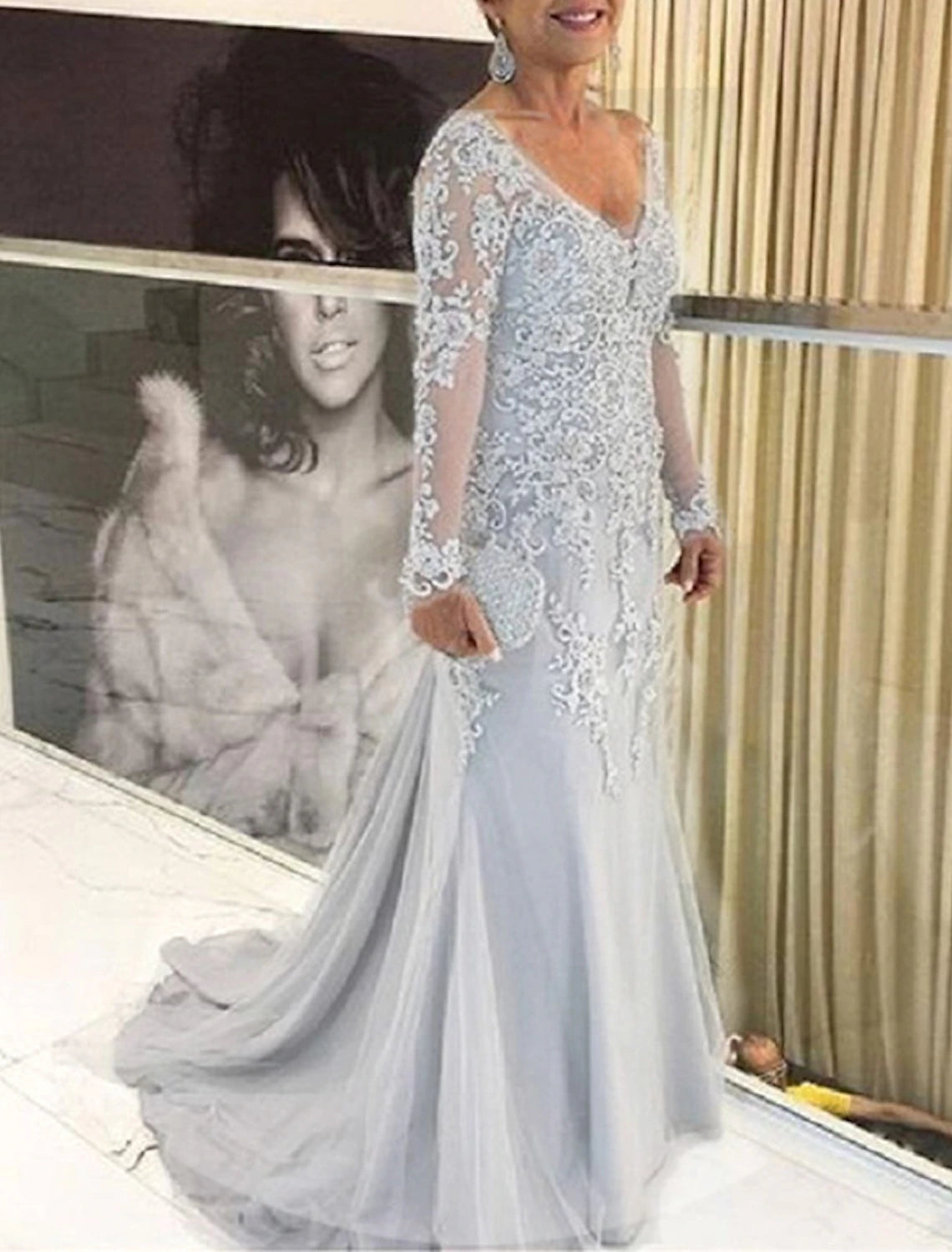 Vestidos de sirena/trompeta para madre de la novia, tallas grandes, para ocultar la curva del vientre, vestidos de invitada de boda de otoño, formales, con cola larga, escote en V, encaje con apliques