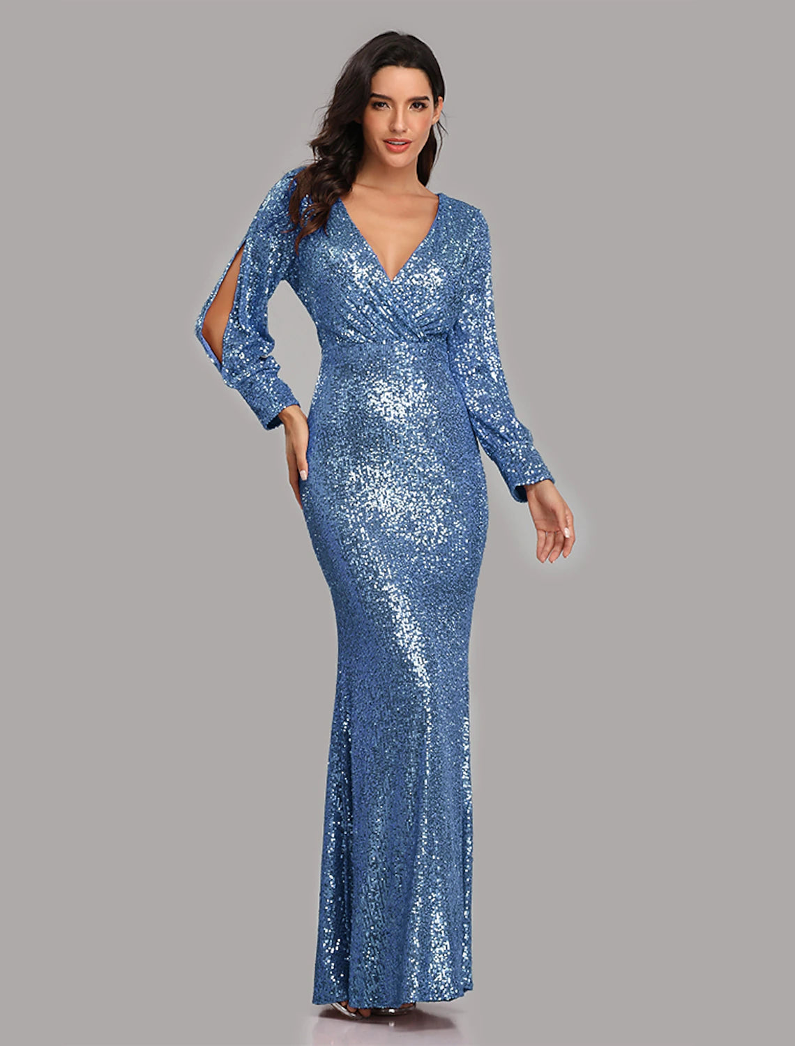 Mermaid / Trumpet Evening Gown Sparkle Dress Party Wear Floor Length Long Sleeve V Neck Sequined with Sequin