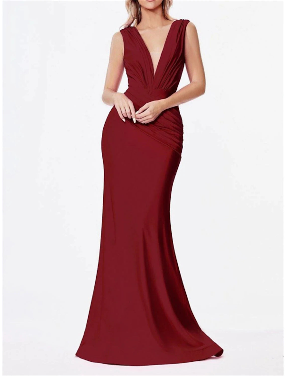 Vestido de dama de honor estilo sirena/trompeta, escote en V, manga larga, elegante, cola de corte, de gasa con fruncido/color liso