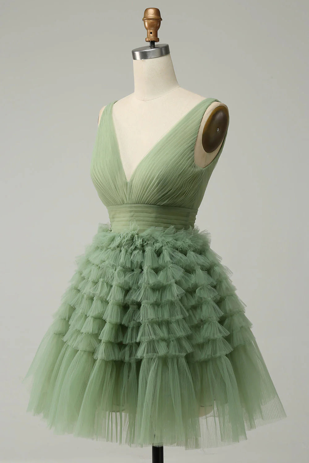 Amzcw Green A Line V-Neck Short Tulle Homecoming Dress With Open Back