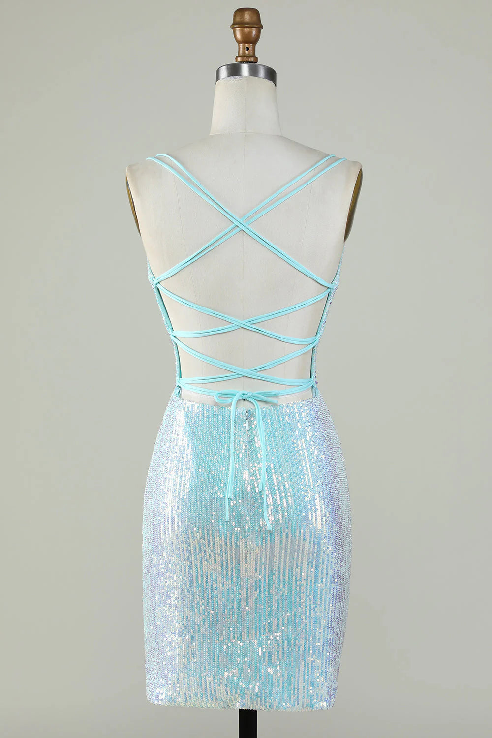 Amzcw Sparkly Light Blue Sheath Sequins Short Homecoming Dress with Criss Cross Back