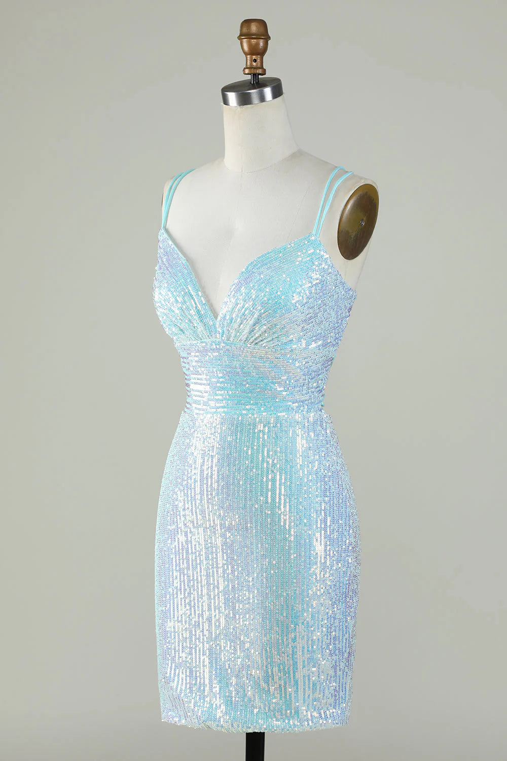 Amzcw Sparkly Light Blue Sheath Sequins Short Homecoming Dress with Criss Cross Back