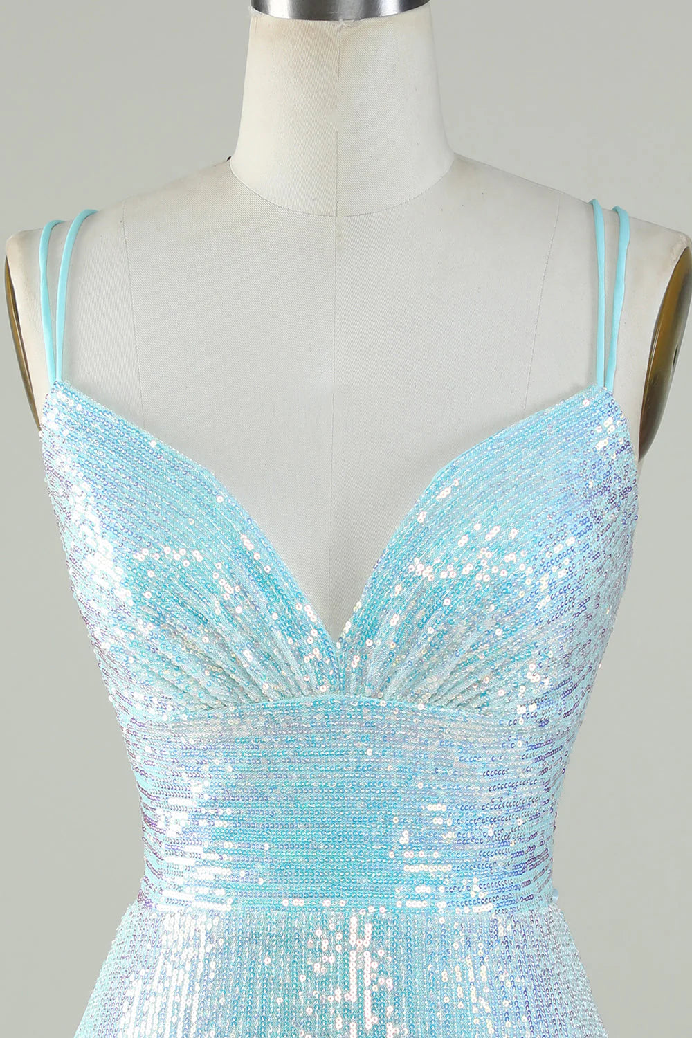 Amzcw Sparkly Light Blue Sheath Sequins Short Homecoming Dress with Criss Cross Back
