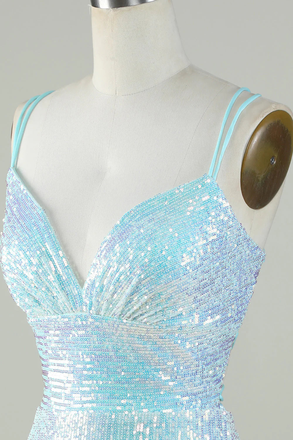 Amzcw Sparkly Light Blue Sheath Sequins Short Homecoming Dress with Criss Cross Back