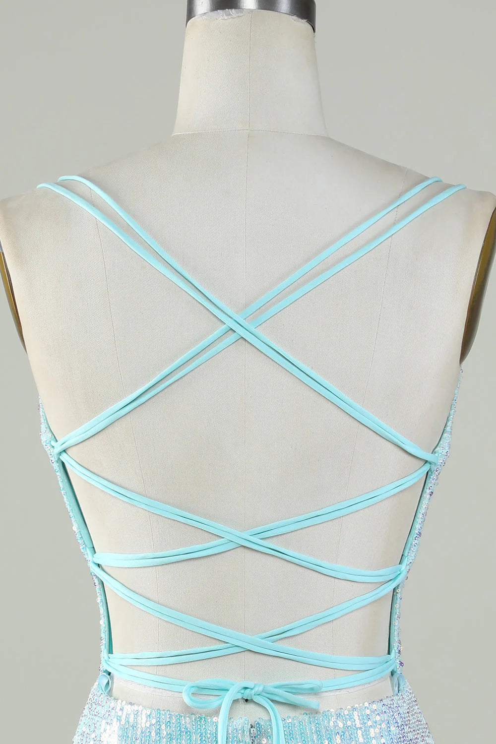 Amzcw Sparkly Light Blue Sheath Sequins Short Homecoming Dress with Criss Cross Back