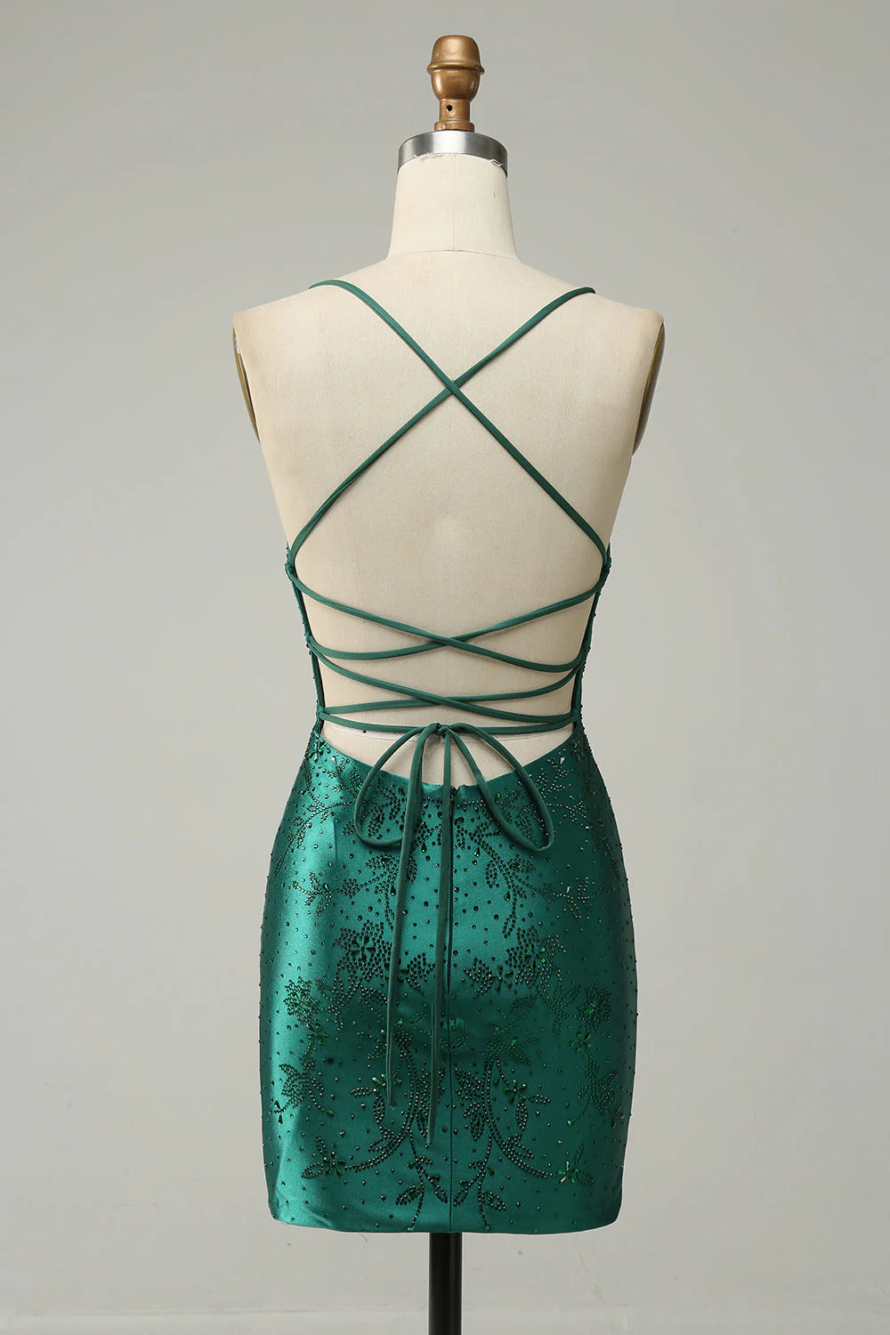 Amzcw Dark Green Beaded Tight Homecoming Dress With Criss Cross Back