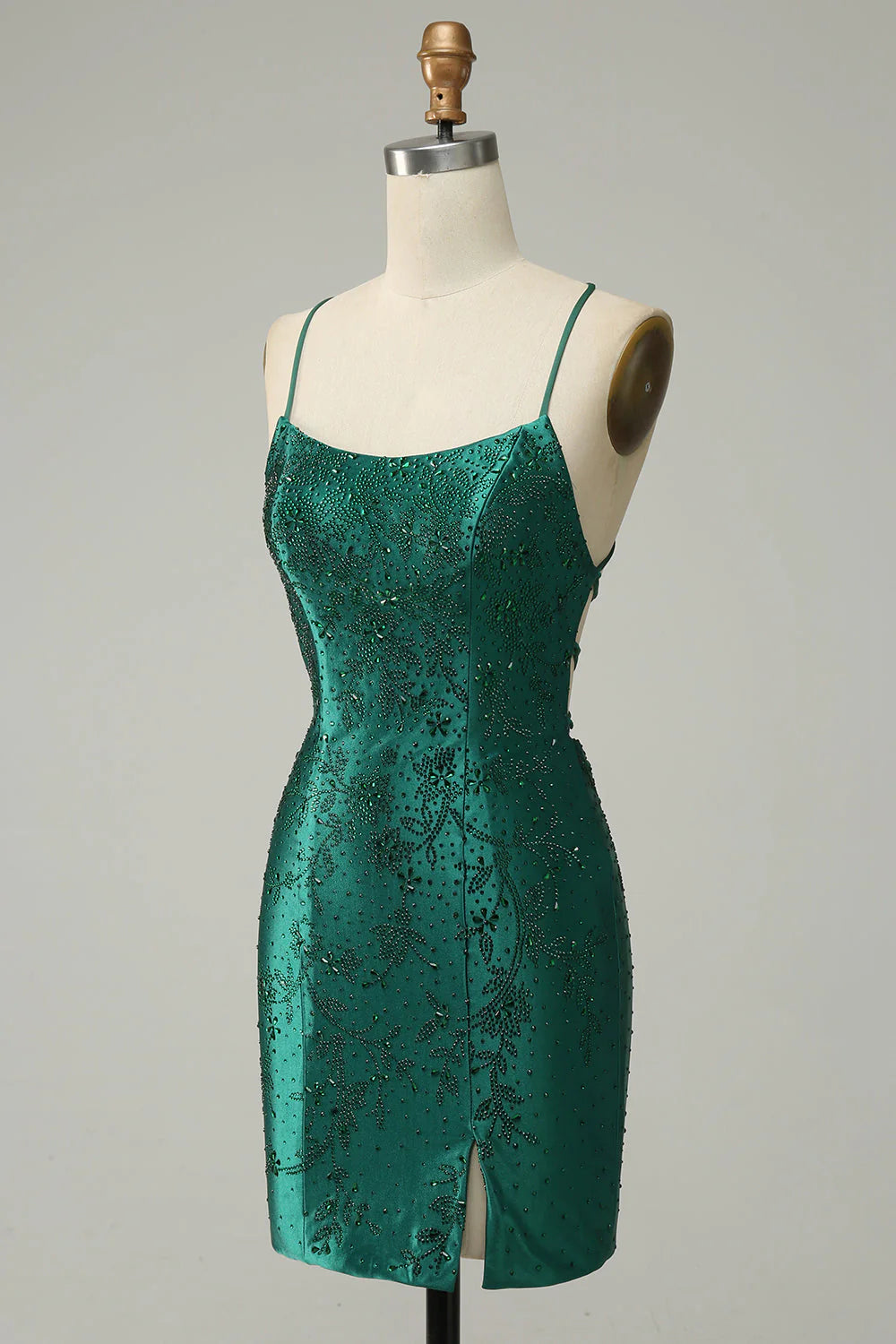Amzcw Dark Green Beaded Tight Homecoming Dress With Criss Cross Back