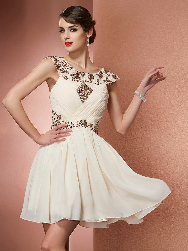 Vestidos de dama de honor cortos de gasa con apliques de cuentas y escote redondo sin mangas de corte A/princesa