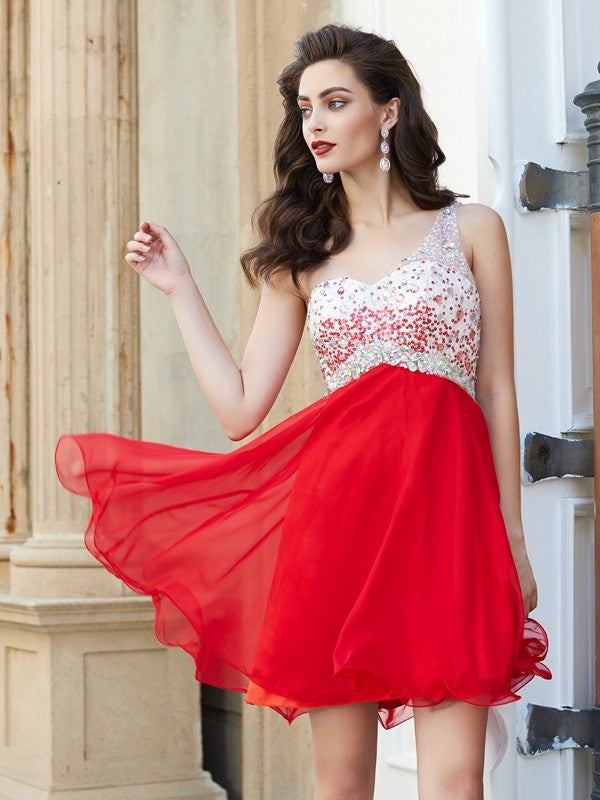 Vestidos cortos/mini de gasa sin mangas con un solo hombro y corte princesa con cuentas