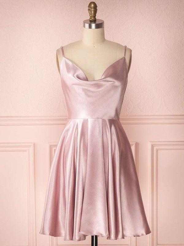 A-Line homecoming dress made of silk-like satin with ruffles, spaghetti straps, and a short length.