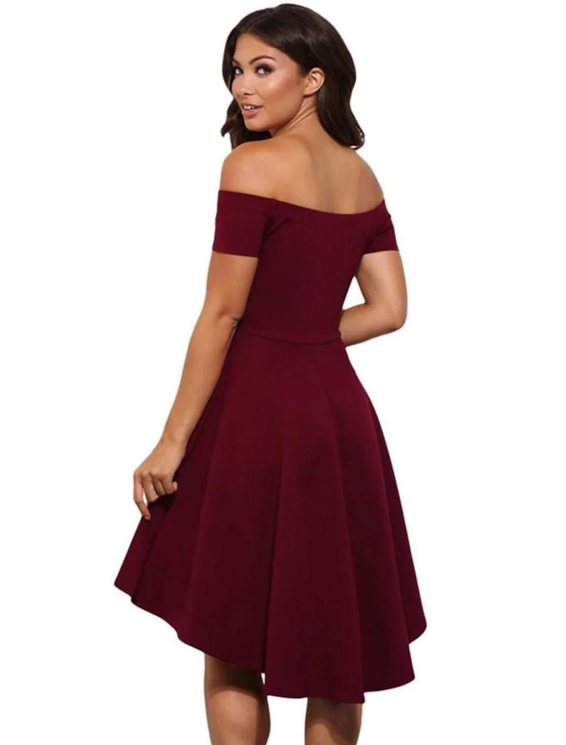 Model wearing an A-line off-shoulder short stretch satin dress, suitable for homecoming.
