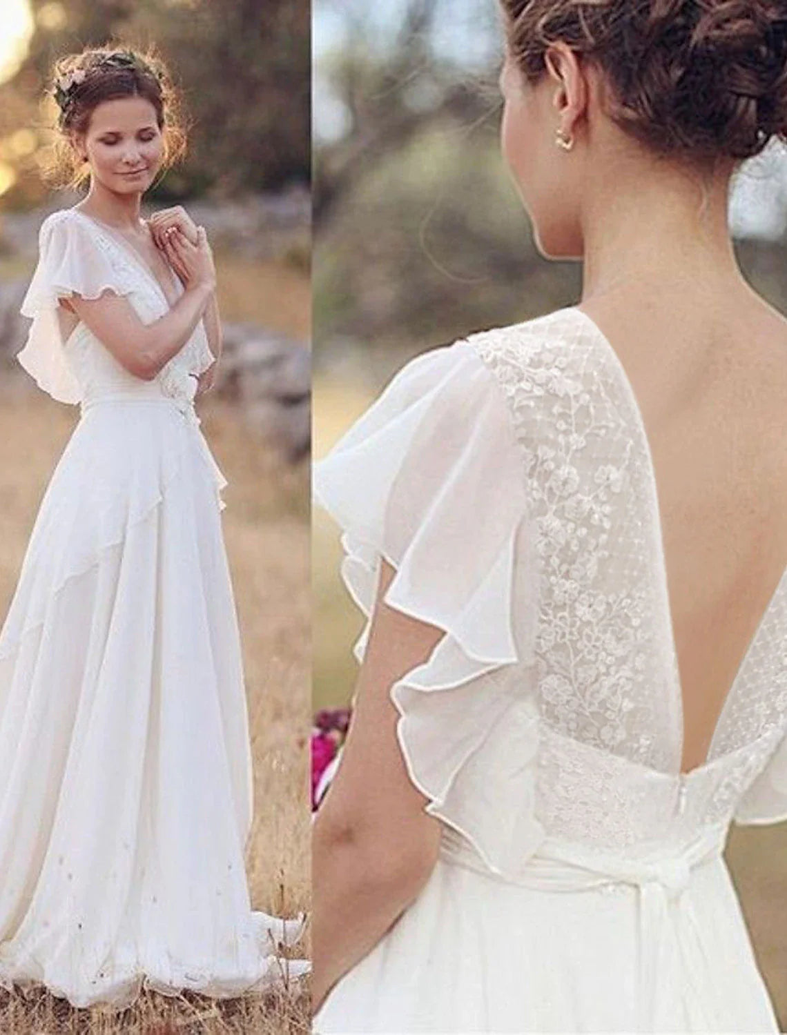 Close-up of beading and appliques on a V-neck chiffon bridal gown.