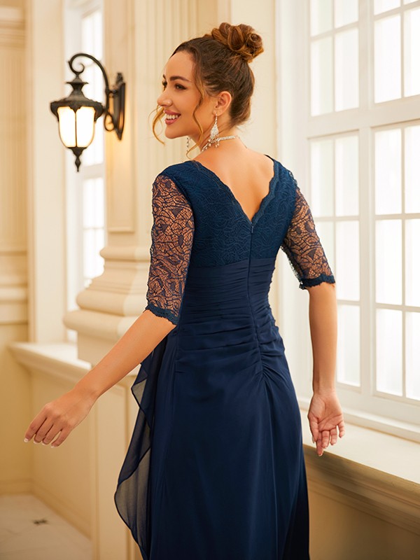 Full length view of a light blue A-line formal dress.