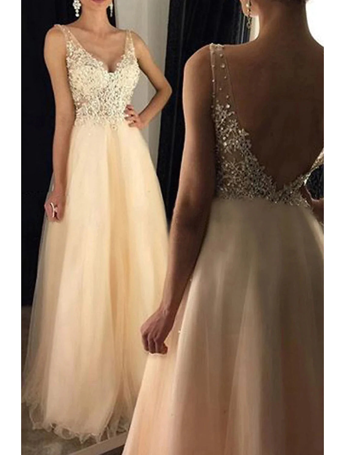 Close-up of the intricate beading appliques on the V-neck A-Line tulle prom dress.