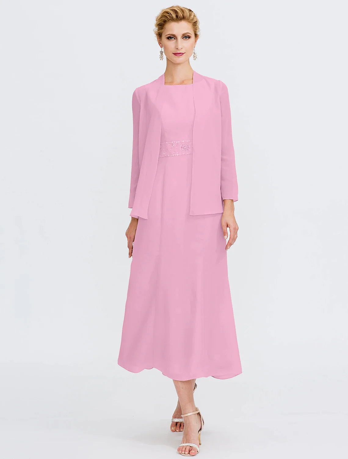 Two Piece Sheath / Column Mother of the Bride Dress Fall Wedding Guest Dresses Plus Size Elegant Jewel Neck Tea Length Chiffon Sleeveless Wrap Included with Sash / Ribbon Pleats Beading