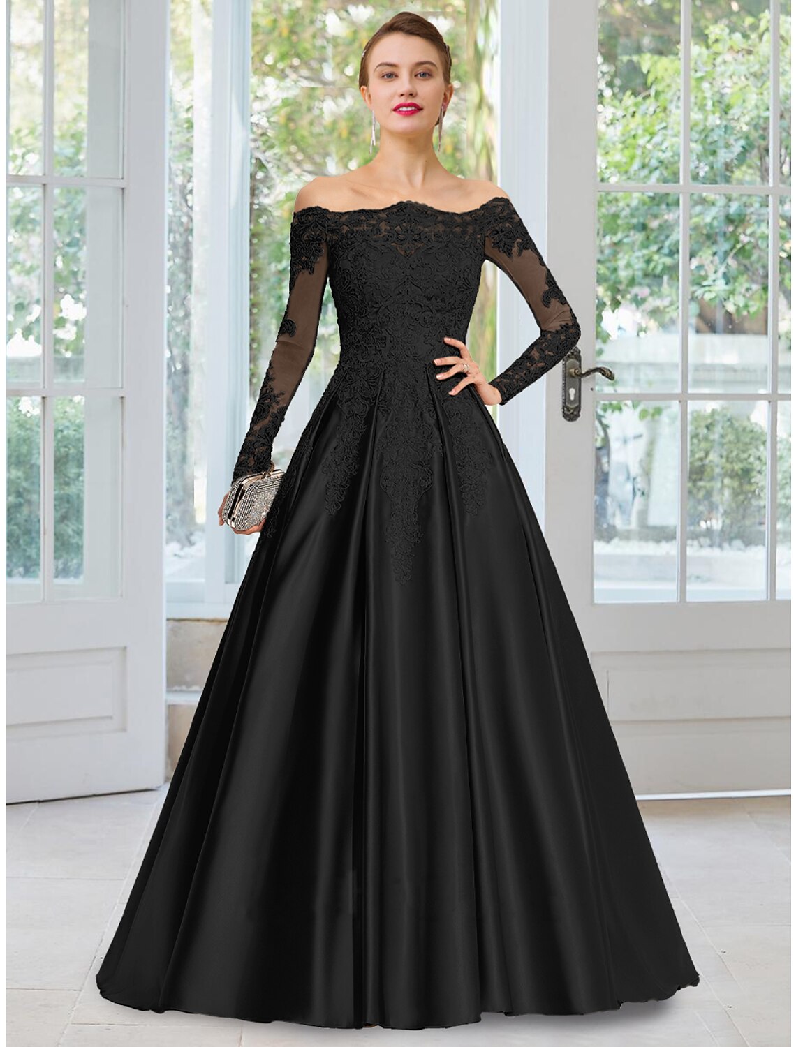 A-Line Evening Gown Black Dress Formal Court Train Long Sleeve Off Sho Amzcw Dress A-Line Evening Gown Black Dress Formal Court Train Long Sleeve Off Sho Amzcw Dress