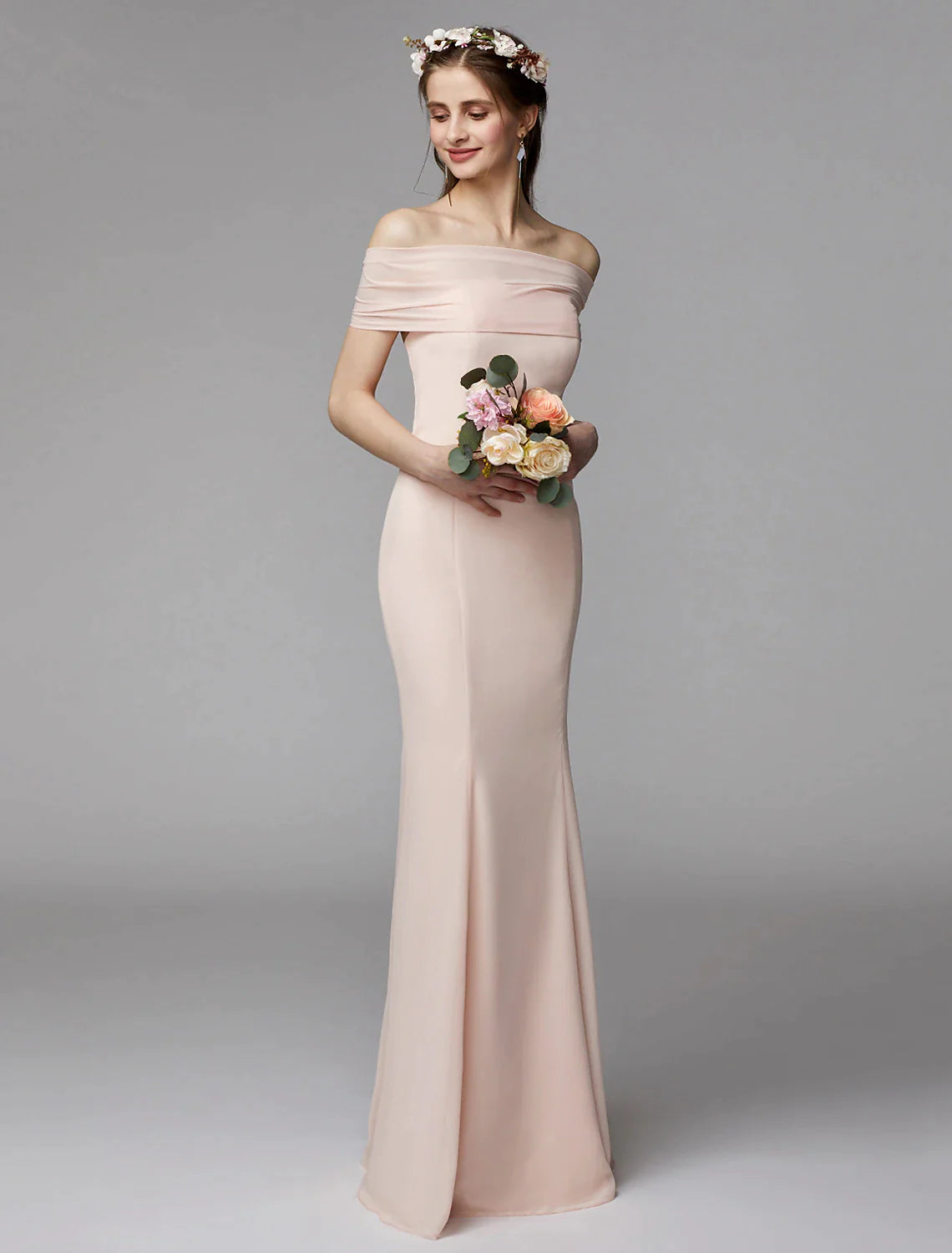 Vestido de dama de honor de corte sirena/trompeta, sin tirantes, sin mangas, espalda descubierta, largo hasta el suelo, de gasa, con faja/cinta/plisado
