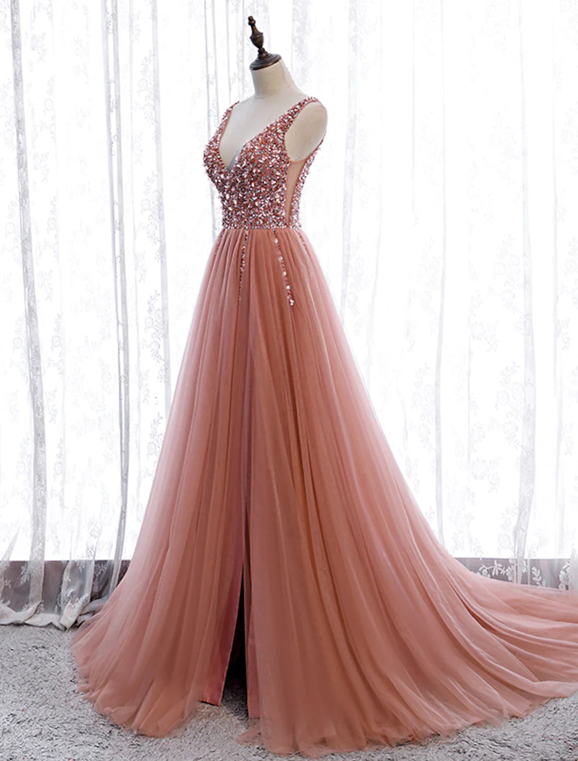 Vestidos de fiesta de corte A, elegantes, para fiesta, con cola de corte, sin mangas, cuello en V, poliéster con bordado de perlas